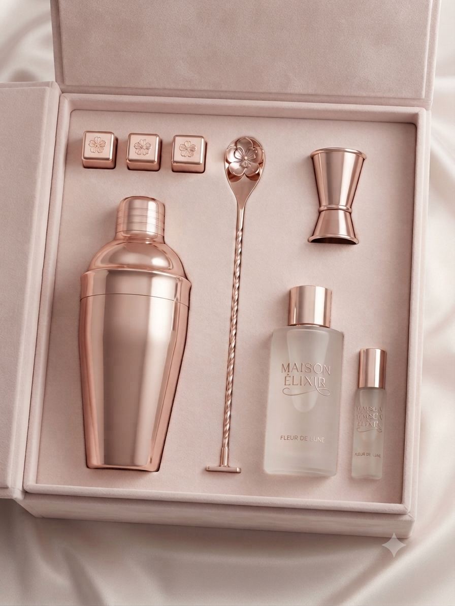 Set de coctelería en tono cobre rosado sobre estuche forrado en terciopelo