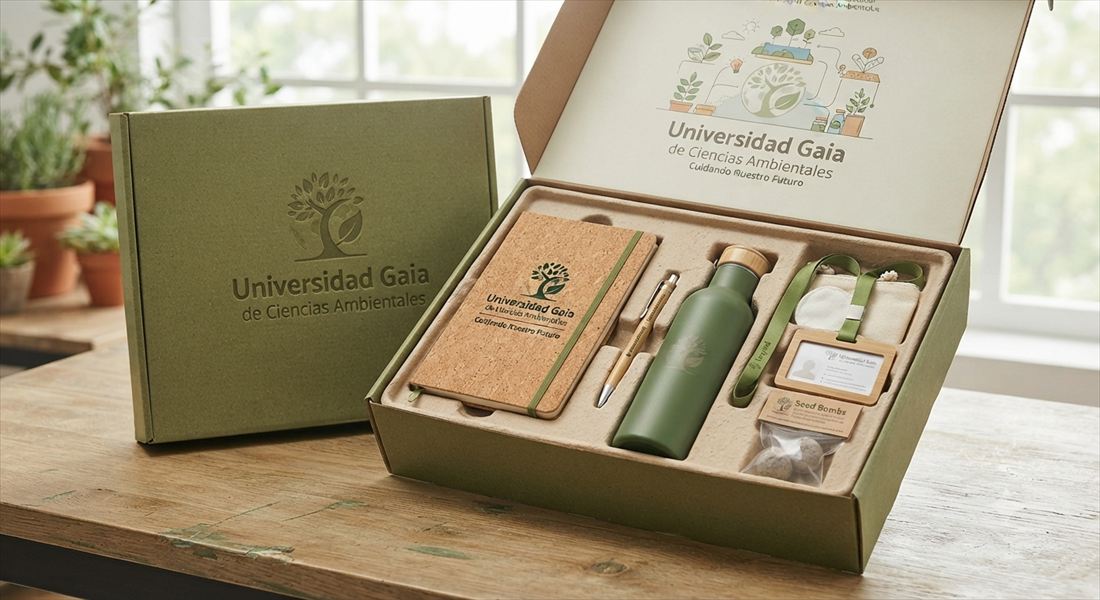 Kit institucional en caja verde con libreta de corcho, botella, lanyard y credencial