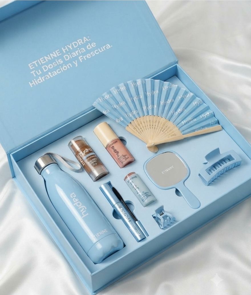 PR kit de belleza en caja imantada celeste con botella, abanico y espejo