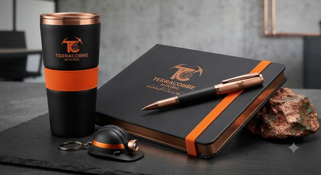 Vaso térmico, libreta y bolígrafo con logo grabado en tono cobre